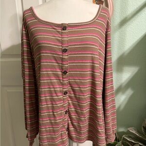 Lane Bryant Pink and Tan Striped Button-Down Shirt